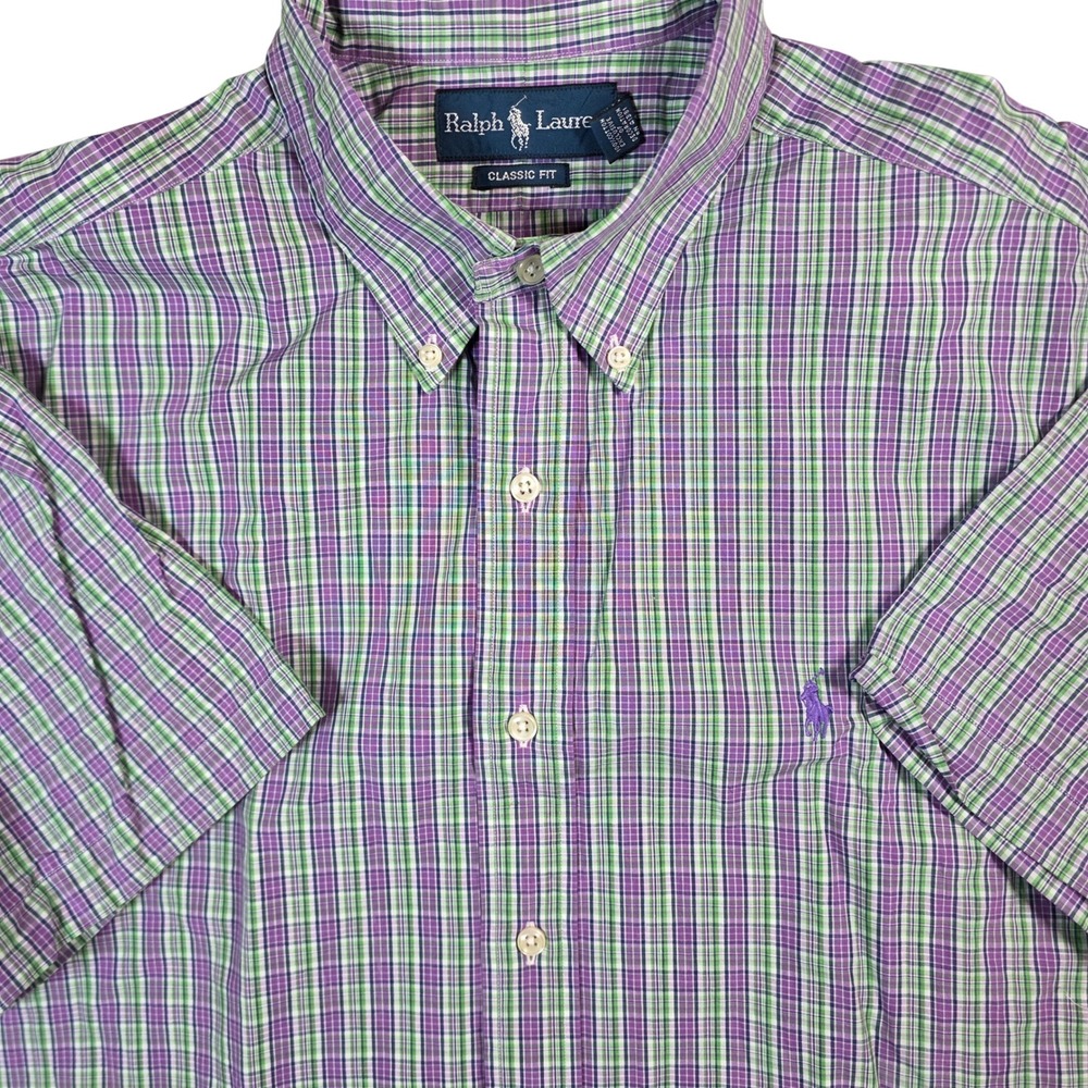 Ralph Lauren Button Down Shirt Mens Large Purple Green Plaid Classic Fit causal